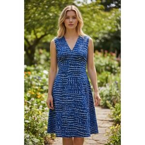 Calvin Klein Blue White Abstract Stripe V-Neck Fit Flare Dress Size 6 RN54163